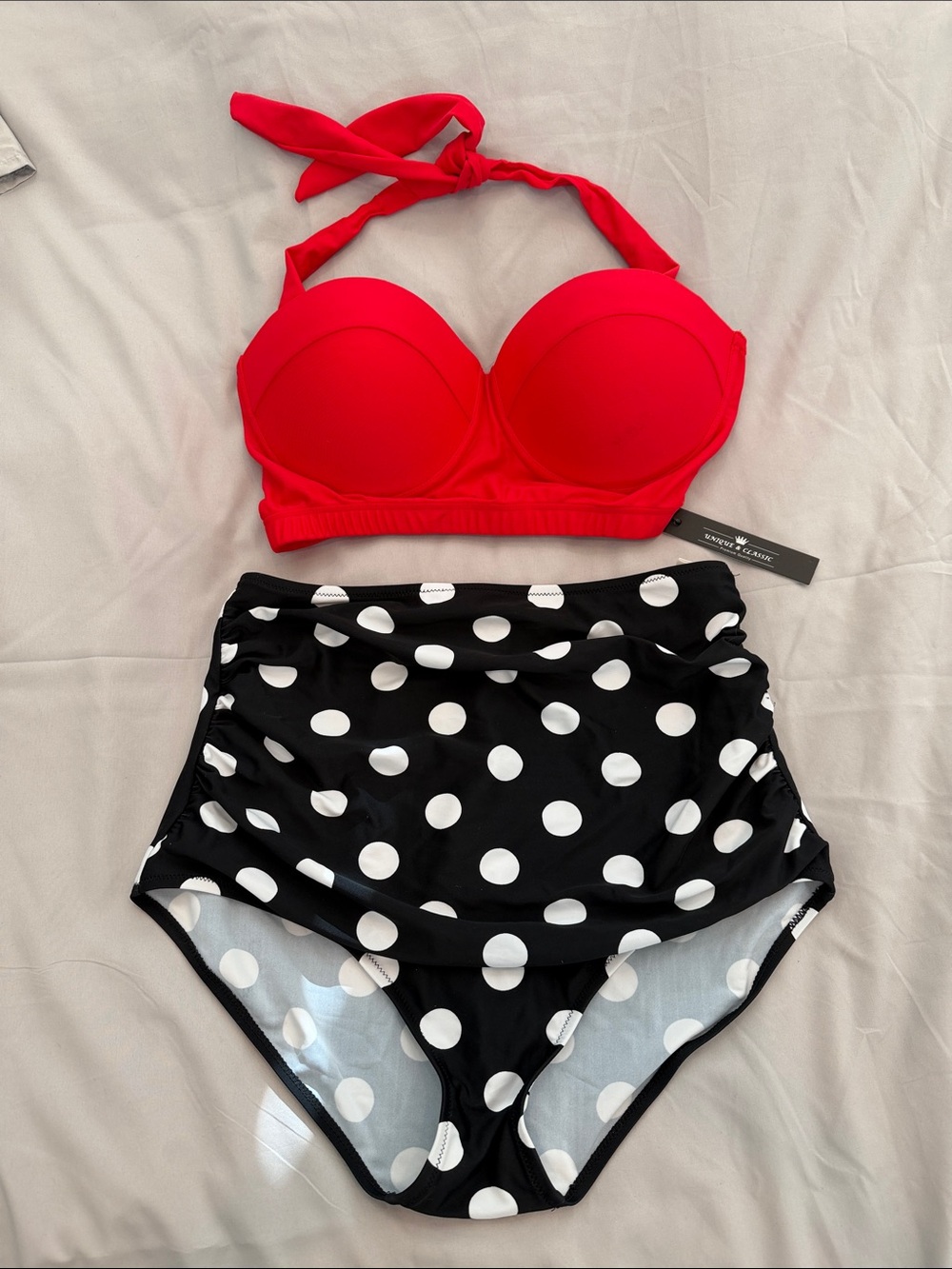 Vibrant Red Halter Bikini Top with Black & White Polka Dot High-Waist Bottoms